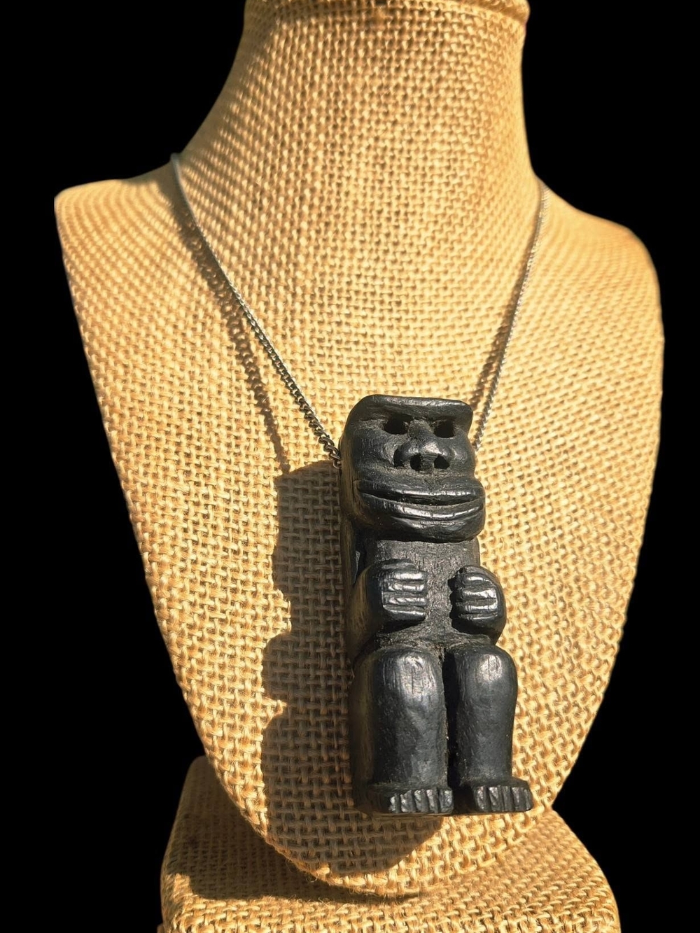 Mid Century Hand-Carved Dark Wood Tiki Pendant Necklace Polynesian